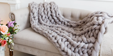 Large Cable knit throw blanket on sofa