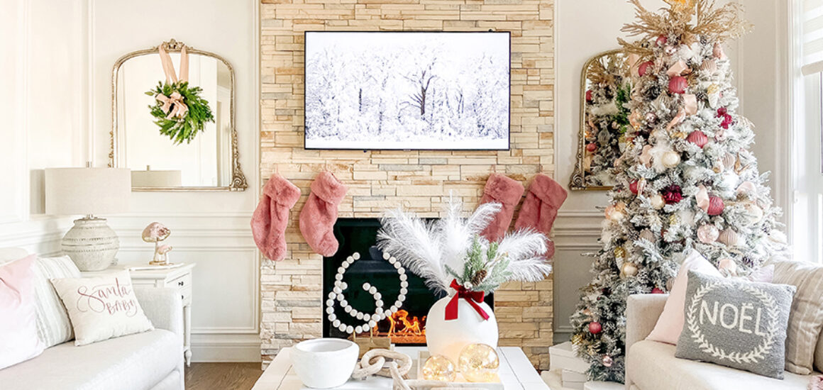 Chic pastel pink holiday decorations in living room