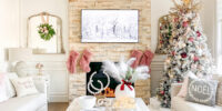 Chic pastel pink holiday decorations in living room