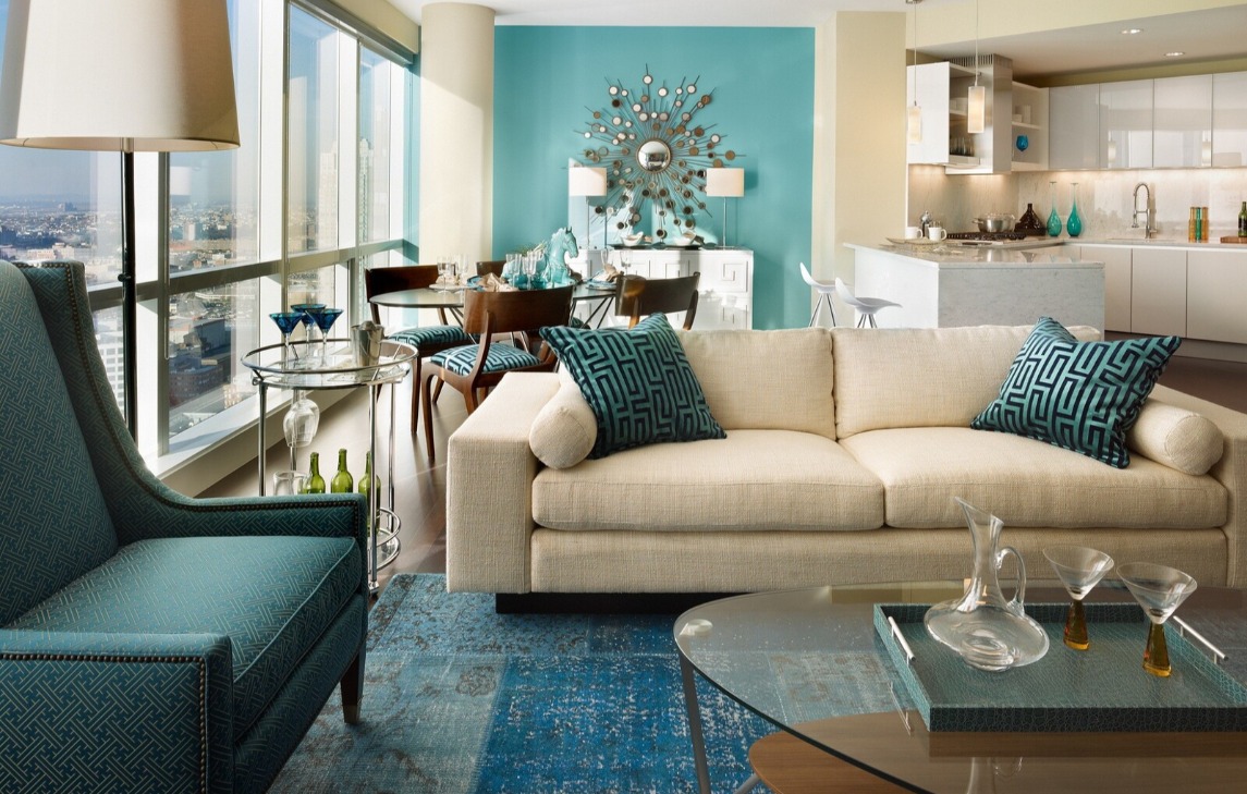 Jewel tone blue living room with accent wall