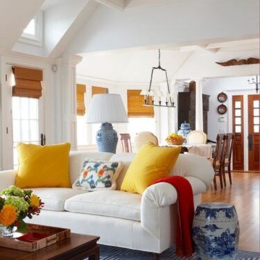 Colorful accents in neutral living room