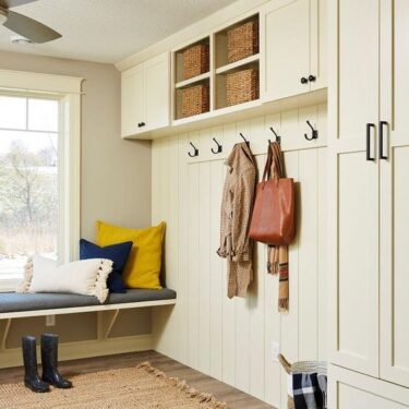 Hooks and cubby storage in mudroom