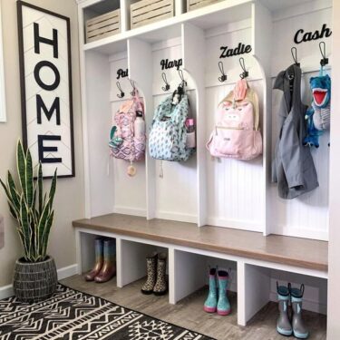 Mudroom with bench and cubbies for shoes and backpacks