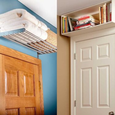 2 examples of shelves hung over a door in a small space
