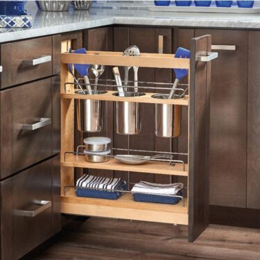Pullout drawer with utensil bins hanging in it