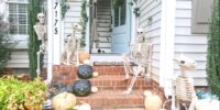 Spooky Halloween porch with skeletons